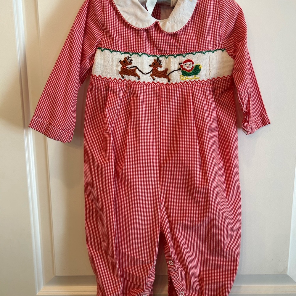 Festive Red Gingham Kids Longall with Santa and His Reindeer Embroidery